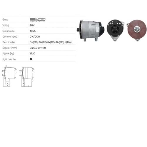 ALT DINAMO 24V 155A BMC BELDE OTOBUS SOL KULAK ALT774