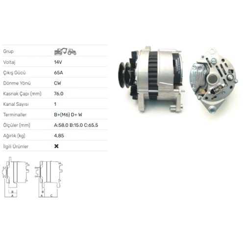 ALT DINAMO 12V 65A BASAK TRAKTOR