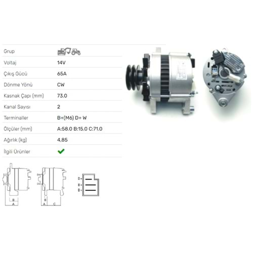 ALT DINAMO 12V 65A TURK TRAKTOR 2 KAYISLI KASNAK