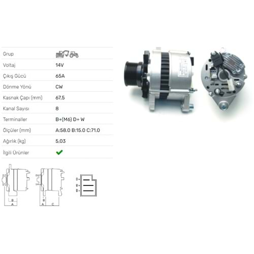 ALT DINAMO 12V 65A TURK TRAKTOR 8 KANALLI