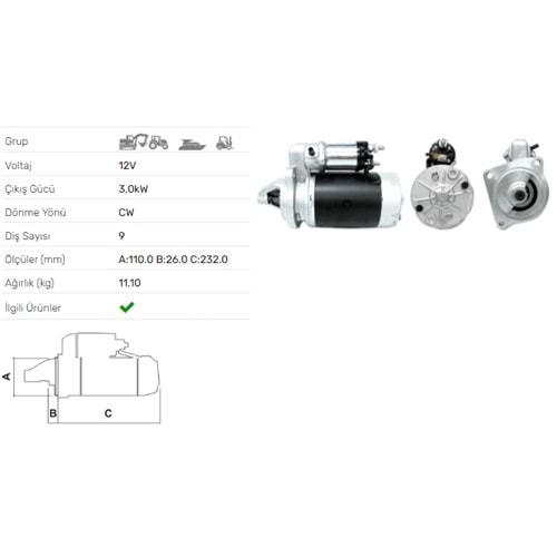 MARS MOTORU 12V 2,5 KW 9 DIS 2M113 TURK TRAKTOR