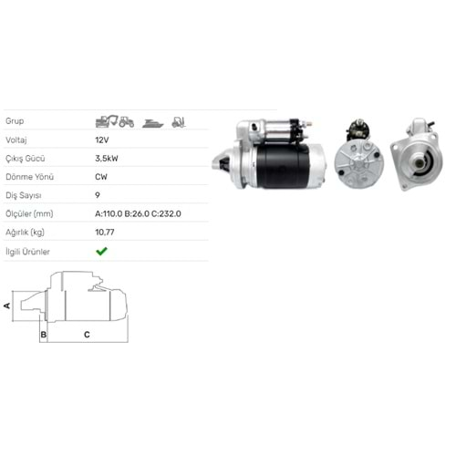 MARS MOTORU 12V 3.5 KW 9 DIS 2M113 TURK TRAKTOR