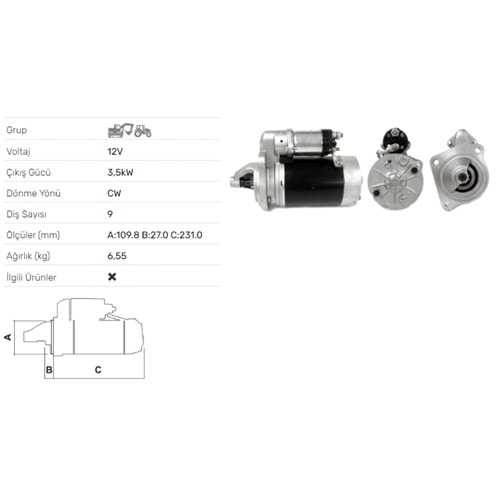 MARS MOTORU 12V 3.5 KW 9 DIS 2M113 TUMOSAN