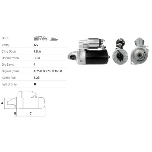 MARS MOTORU 12V 1,2 KW 9DIS ANADOLU MOTOR