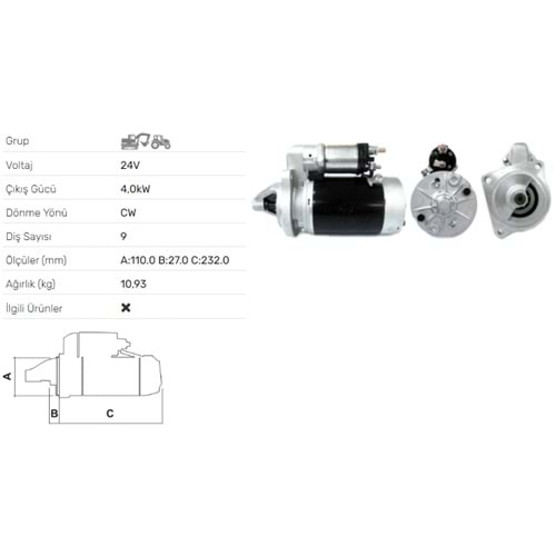 MARS MOTORU 24V 4.0KW 9DIS TURK TRAKTOR