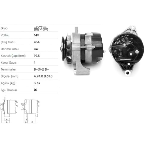 ALT DINAMO 14V 45A UNIVERSAL TRAKTOR U 445 U 640