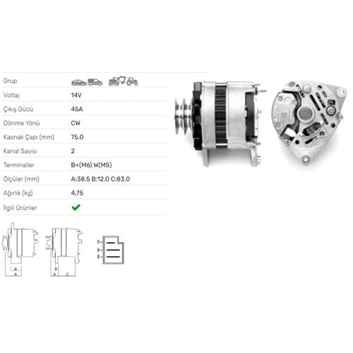 ALT DINAMO 14V 45A CASE JCB LAND ROVER