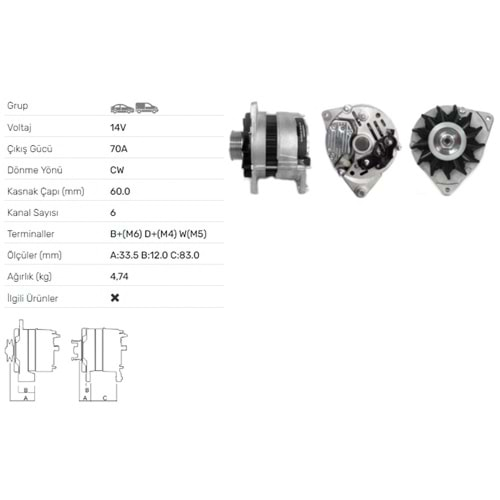 ALT DINAMO 14V 70A FORD ESCORT IV 1,4 1,6 1.8I XR3I ORION II 1,4 1,6