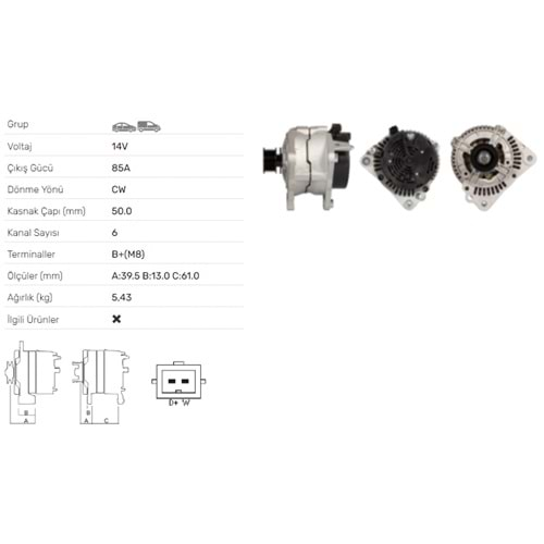 ALT DINAMO 14V 85A AUDI A3 1,9TDI SEAT ALHAMBRA AROSA CORDOBA ALT-2035