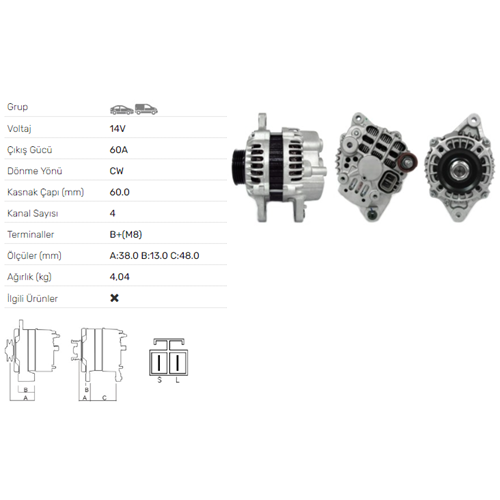 ALT DINAMO 14V 60A HYUNDAI ATOS 1.0I
