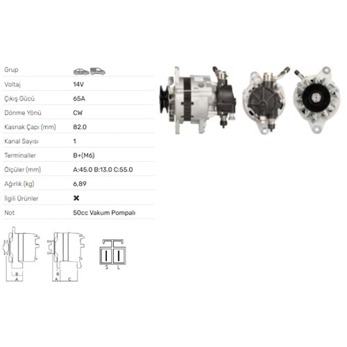 ALT DINAMO 14V 65A V.P. MITSUBISHI L300 2,5D 2,5TD