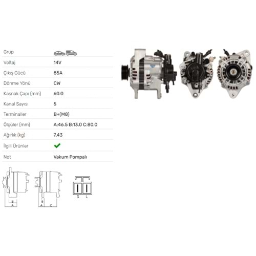 ALT DINAMO 14V 85A V.P. KIA CARNIVAL 2,5 DIESEL M T