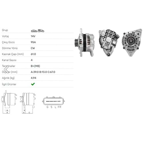 ALT DINAMO 14V 95A HYUNDAI SONATA III 2.0 16V KIA MAGENTIS