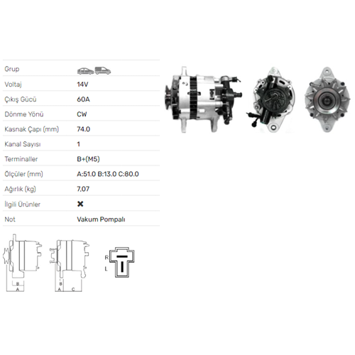 ALT DINAMO 14V 60A V.P. ASIA ROCSTA 2.2 DIESEL 4X4 KIA BESTA 2.2D