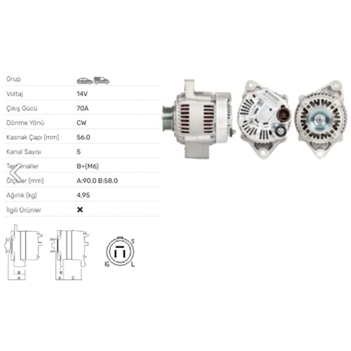 ALT DINAMO 14V 70A TOYOTA CAMRY 1.8 2.0 GLI 2.2 CARINA 2.0 GLI 16V