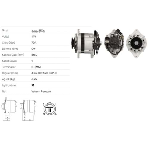 ALT DINAMO 14V 70A V.P. OPEL ASTRA A 1.7TD CORSA B 1,5D TD ALT-V007