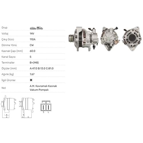 ALT DINAMO 14V 110A HYUNDAI TERRACAN 2.9 CRDI