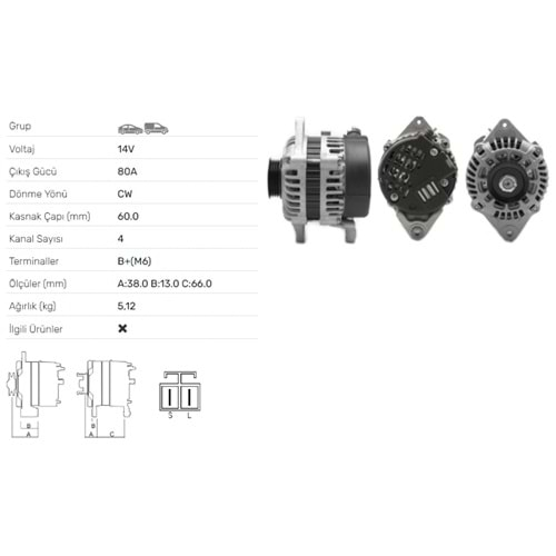 ALT DINAMO 14V 80A KIA RIO 1,3 1,5