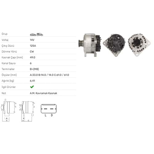 ALT DINAMO 14V 125A MITSUBISHI CARISMA 1,9 SEDAN 1,9DI SPACE STAR 1,9