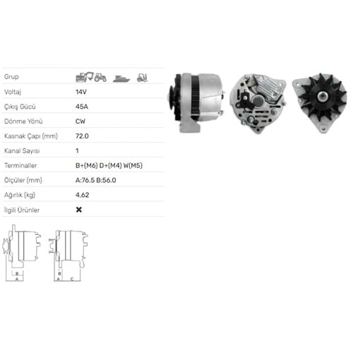 ALT DINAMO 14V 45A BOSCH TRAKTOR BPM CASE DEUTZ