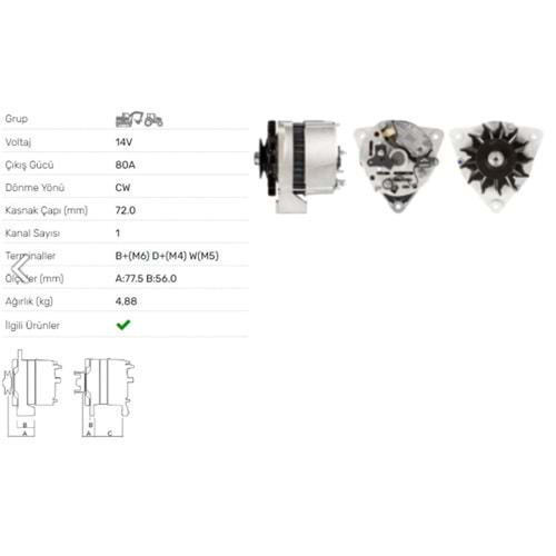 ALT DINAMO 14V 80A DEUTZ FAHR KHD DX 6.31A 6.50A 7.10A