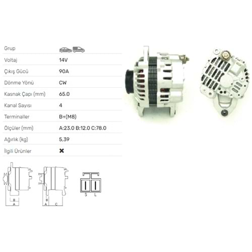 ALT DINAMO 14V 90A MITSUBISHI L200 2.0 2.4I SPACE GEAR 2.4I 4X4 ALT-3515