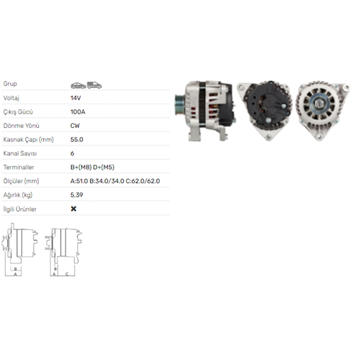 ALT DINAMO 14V 100A OPEL 2.0 2,5 DIESEL ALT-1422