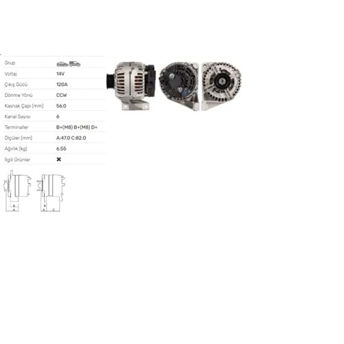 ALT DINAMO 14V 120A VOLVO S60 S80 V70