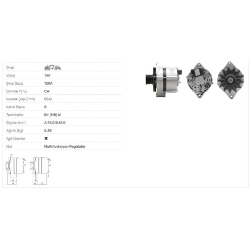 ALTERNATOR 14V/120A CASE-NEW HOLLAND - HİDROMEK3 FİŞLİ