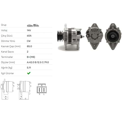 ALTERNATOR 14V 60A NISSAN NAVARA 2.5TD D22,SKYSTAR 2.5TD, DOUBLE CAB 2.5TDI,KING CAB PICK UP 2.5TD