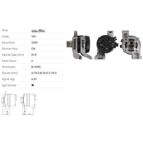 ALTERNATOR 14V 120A FORD C-MAX I 1.8 2.0,FOCUS C- MAX 1.8,2.0, FOCUS II 2.0