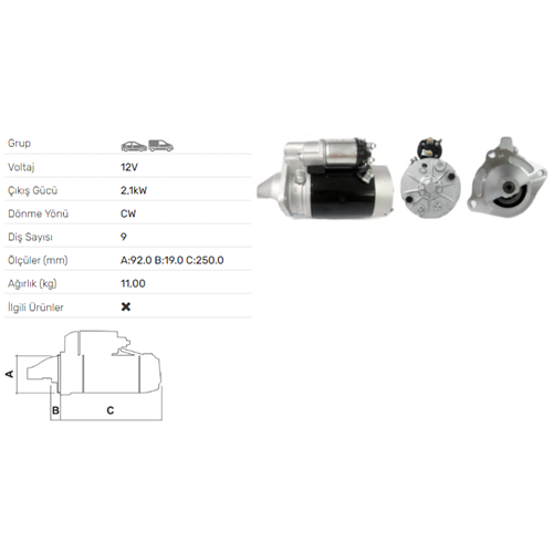 MARS MOTORU 12V 2.1KW 9 DIS LAND ROVER DEFENDER 90 110 2,5 D