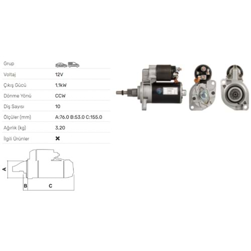 MARS MOTORU 12V 1.1KW 10 DIS VW CORRADO 1.8 16V 1.8G60 SYNCO STR-2022