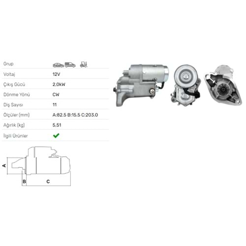 MARS MOTORU 12V 2.0KW 11 DIS TOYOTA 4 RUNNER II 2.4TD 2.8D FORKLIFT STR-5003