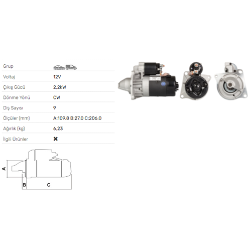MARS MOTORU 12V 2.2KW 9 DIS RENAULT STR-B010