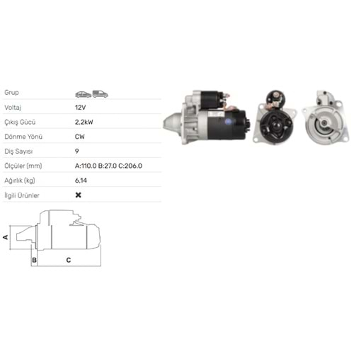 MARS MOTORU 12V 2.2KW 9 DIS IVECO DAILY I STR-B014