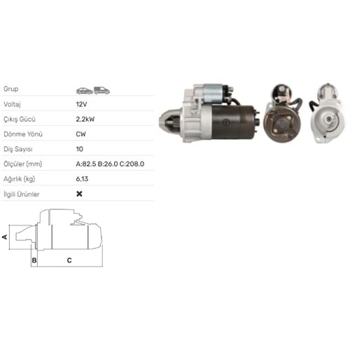 MARS MOTORU 12V 2.2KW 10 DIS MERCEDEZ BENZ 190D 200D TD 250D TD 300D DS STR-2050