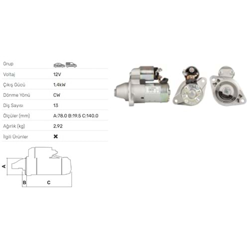 MARS MOTORU 12V 1,4KW 13 DIS OPEL ASTRA G 1.7 DIESEL TURBO DTI STR-3308