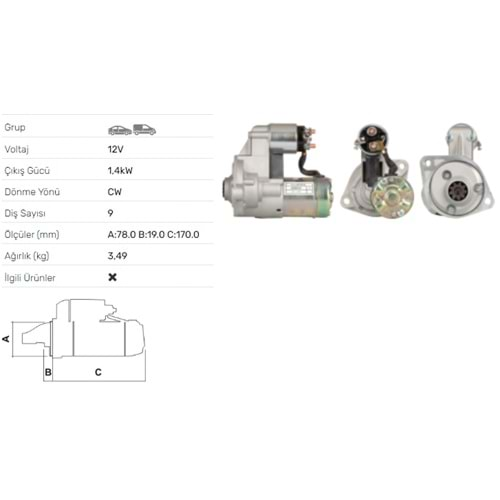 MARS MOTORU 12V 1,4KW 9 DIS OPEL CAMPO 1.7 DIESEL CORSA 1.7 DIESEL STR-3045