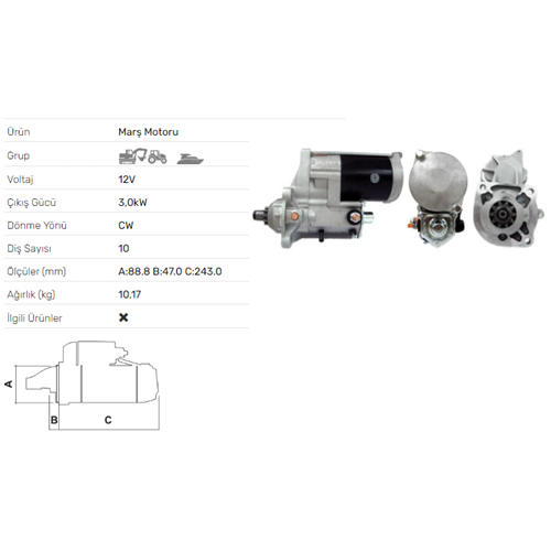 MARS MOTORU 12V 3.0KW 10 DIS CATERPILLER CHALLENGER 35 45 STR-9020