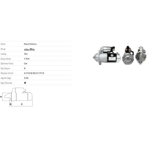 M.MOTORU 12V 1.7kw 8DİŞ HYUNDAI DIZEL 1.4-1.5.-1.6 STR4104