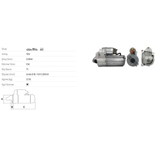 MARS MOTORU 12V 2.0KW 11 DIS MITSUBISHI CARISMA 1,9TD VOLVO 440K 1,9TD