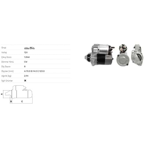 MARS MOTORU 12V 1.0KW 8 DIS MERCEDES BENZ A140 A150 A160 A170 A190