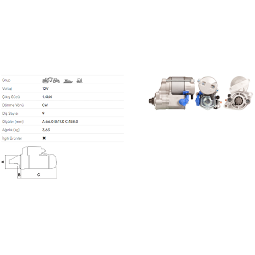 MARS MOTORU 12V 1,4KW 9 DIS