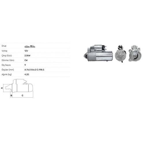 MARS MOTORU 12V 2.0KW 9 DIS FORD FOCUS 1.8 DIZEL 05-