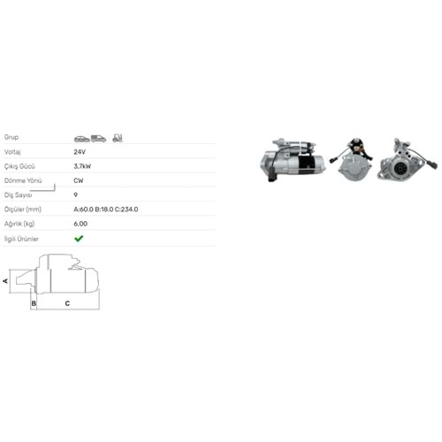 MARS MOTORU 24V 3.2KW 9 DIS MITSUBISHI CANTER