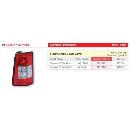 STOP LAMBA DUYSUZ PEUGEOT PARTNER, CITROEN BERLINGO 05-07 SAG CIFT KAPI