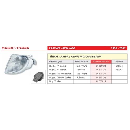 SINYAL LAMBA DUYLU PEUGEOT PARTNER CITROEN BERLINGO 96-02 SOL