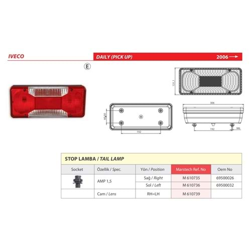 STOP LAMBA SOKETLI IVECO DAILY 06 SOL