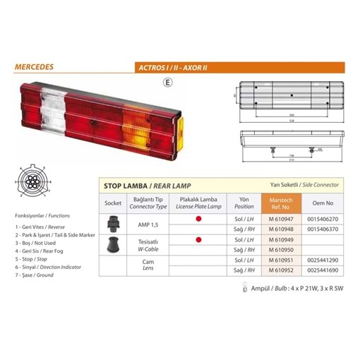 STOP LAMBA SOKETLI PLAKALI MERCEDES ACTROS 96